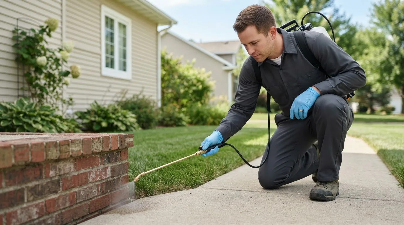 Pest control technician treating a home near Brewster, NE